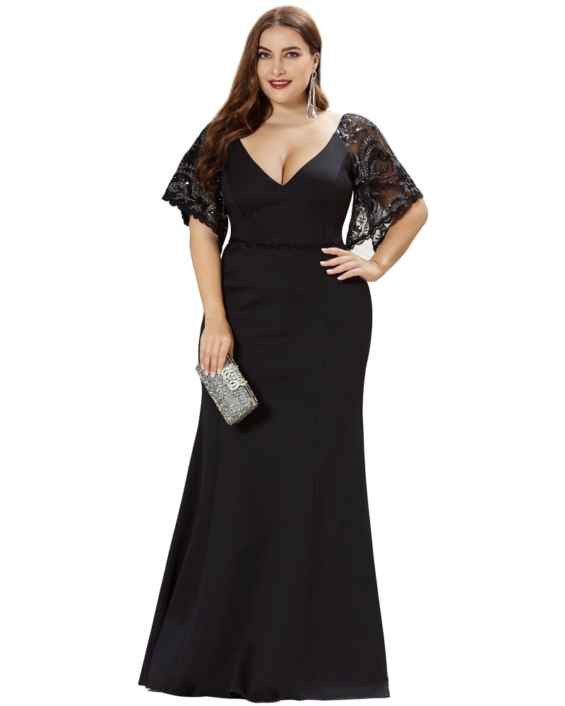 Front of a model wearing a size 16 Sexy V Neck Maxi Bodycon Evening Dress with Flare Sleeves in Black by Ever-Pretty. | dia_product_style_image_id:290093